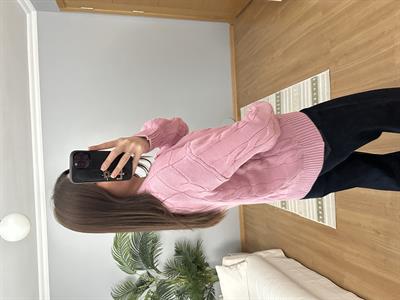 Örgü Motifli Pembe Kazak