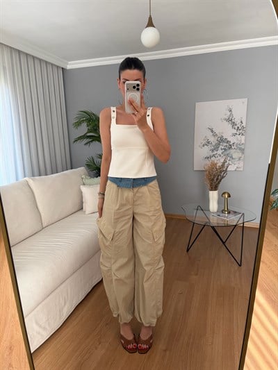 Parachute Denim Detaylı Bej Rengi Kargo Pantolon