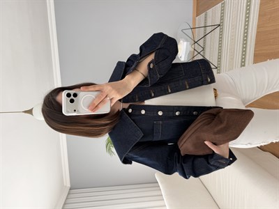 Pelerin Yaka Lacivert Denim Ceket 