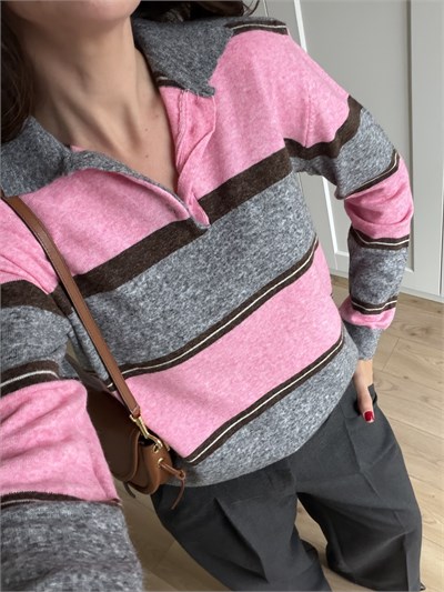 Pembe Gri Çizgili Polo Yaka Triko