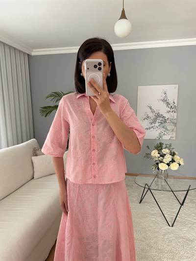 Pembe Renk Fisto Gömlek Etek Takım