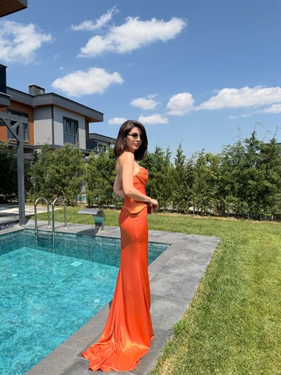 Peplum Işıltılı Bronz Turuncu Uzun Elbise