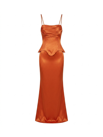 Peplum Işıltılı Bronz Turuncu Uzun Elbise