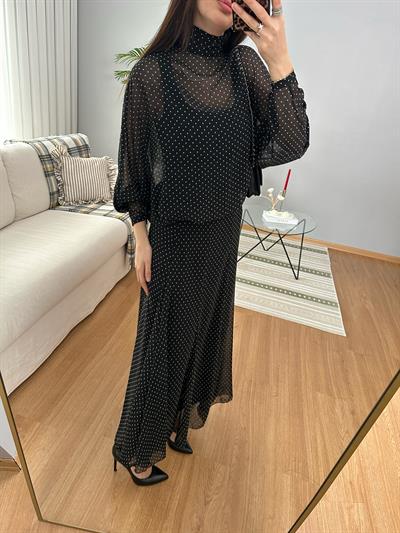 Polka Puantiye Desenli Şifon Etek Bluz Takım