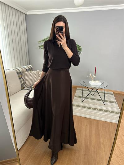 Premium Saten Dokulu Kahve Renk Etek
