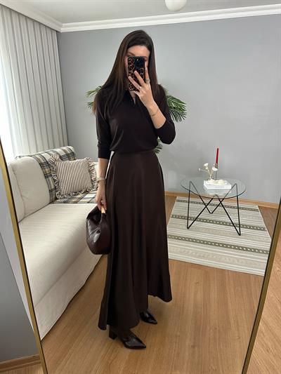 Premium Saten Dokulu Kahve Renk Etek