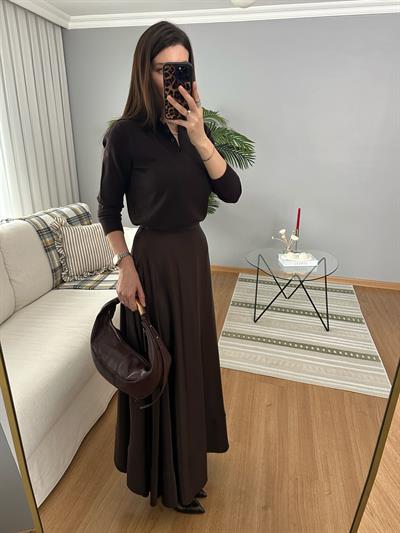 Premium Saten Dokulu Kahve Renk Etek