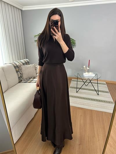 Premium Saten Dokulu Kahve Renk Etek