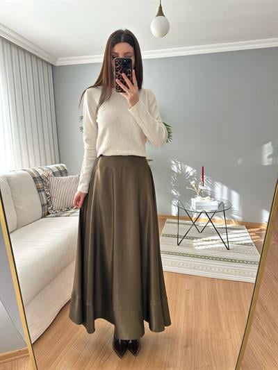 Premium Saten Dokulu Yağ Yeşili Etek