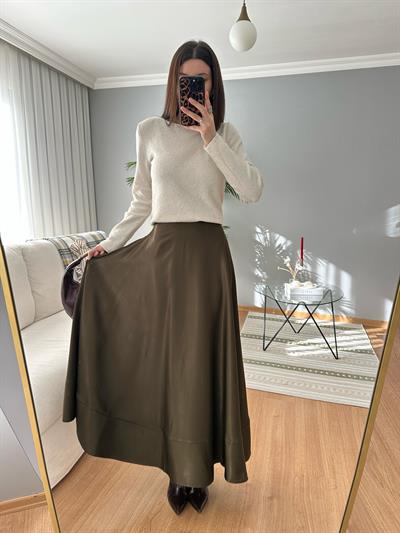 Premium Saten Dokulu Yağ Yeşili Etek