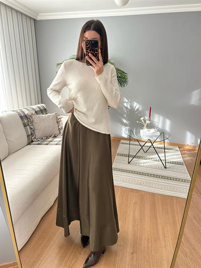 Premium Saten Dokulu Yağ Yeşili Etek
