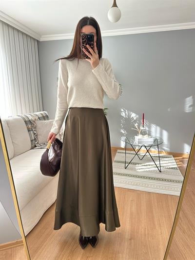 Premium Saten Dokulu Yağ Yeşili Etek