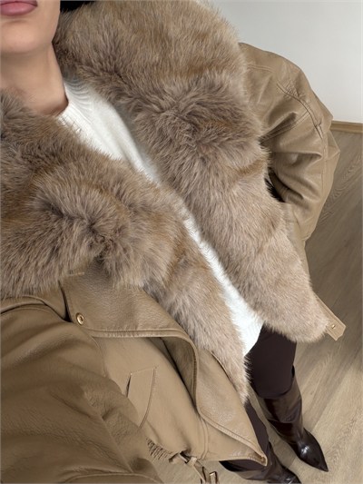 Premium Yumuşak Derili Koyu Bej Rengi Kürklü Mont 