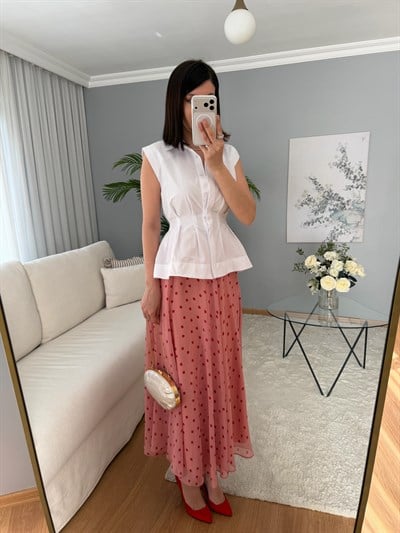 Puantiye Desenli Pembe Etek 
