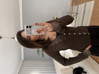 Quennie Kahve Rengi Dantel Detaylı Hırka
