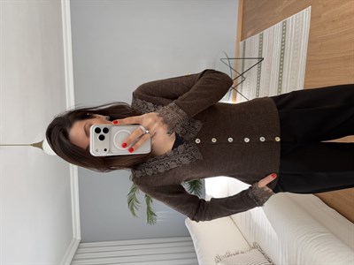 Quennie Kahve Rengi Dantel Detaylı Hırka