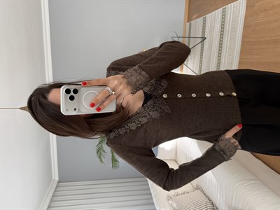 Quennie Kahve Rengi Dantel Detaylı Hırka