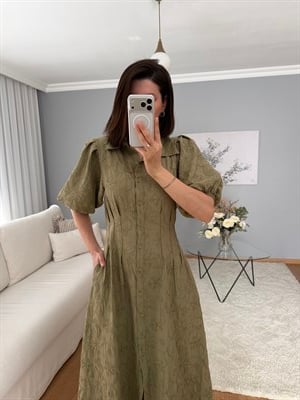 Rebelia Nakışlı Haki Renk Elbise 