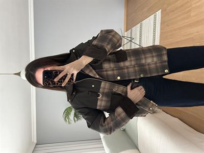 Riviera Kadife Detaylı Kahve Ekose Mont