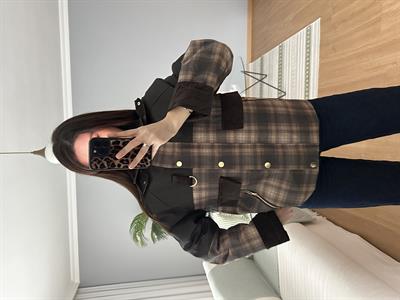 Riviera Kadife Detaylı Kahve Ekose Mont