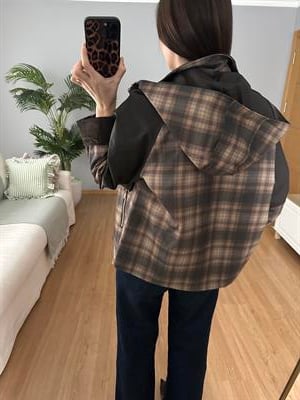 Riviera Kadife Detaylı Kahve Ekose Mont