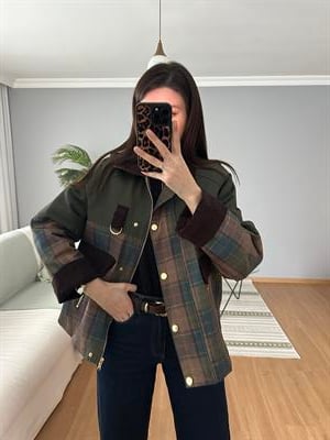 Riviera Kadife Detaylı Haki Ekose Mont