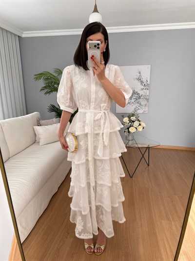 Rovina Katlı Beyaz Elbise 