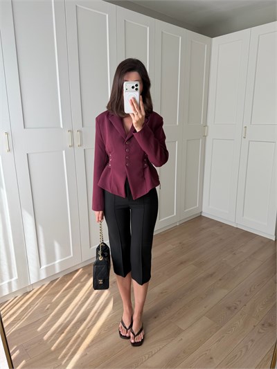 Ruched Kuşgözü Detaylı Bordo Ceket