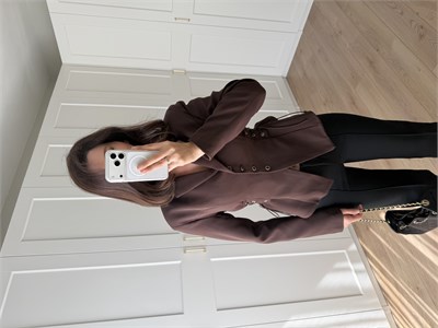 Ruched Kuşgözü Detaylı Kahve Rengi Ceket