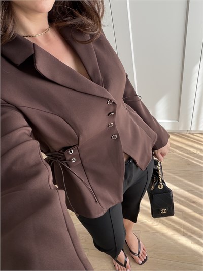 Ruched Kuşgözü Detaylı Kahve Rengi Ceket
