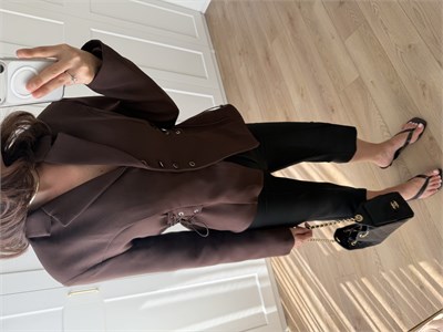 Ruched Kuşgözü Detaylı Kahve Rengi Ceket