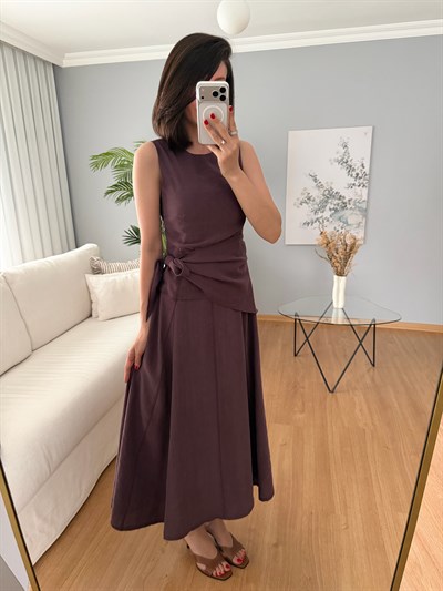 Serenza Yandan Bağlamalı Bordo Renk Elbise 