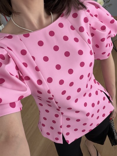 Sicilia Balon Kol Pembe Puantiye Bluz