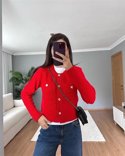 Sık Örme Gold Düğmeli Kırmızı Hırka 