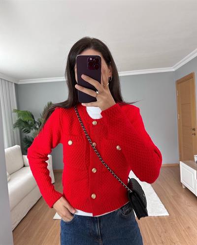 Sık Örme Gold Düğmeli Kırmızı Hırka 