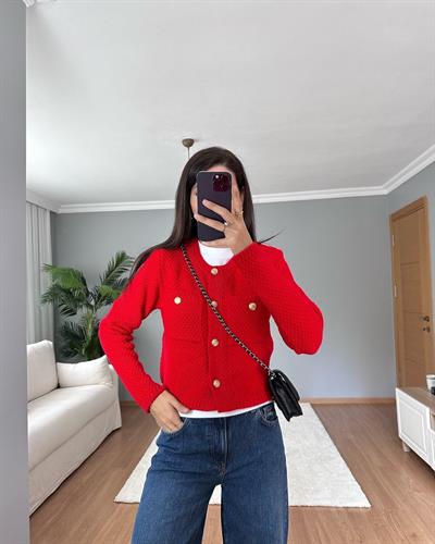 Sık Örme Gold Düğmeli Kırmızı Hırka 