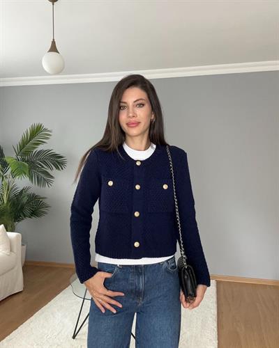 Sık Örme Gold Düğmeli Lacivert Hırka 