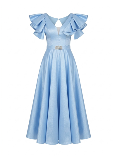 Sindy Baby Blue Taşlı Kemerli Maxi Elbise