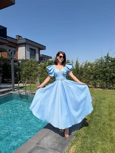 Sindy Baby Blue Taşlı Kemerli Maxi Elbise
