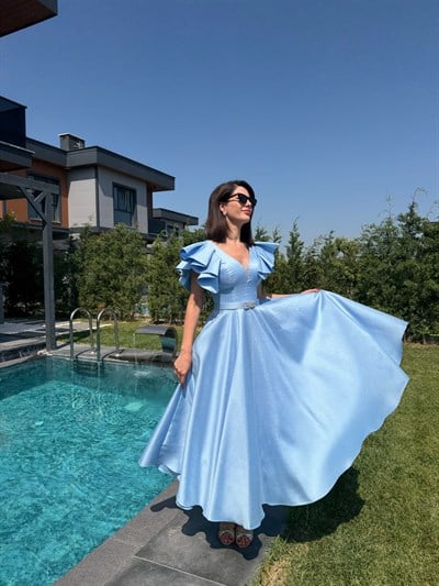 Sindy Baby Blue Taşlı Kemerli Maxi Elbise