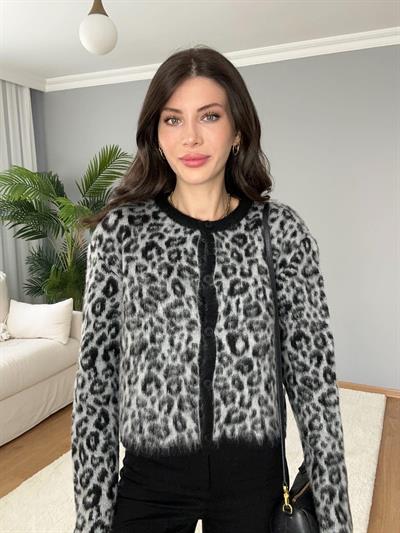 Siyah Leopar Desenli Yün Hırka 