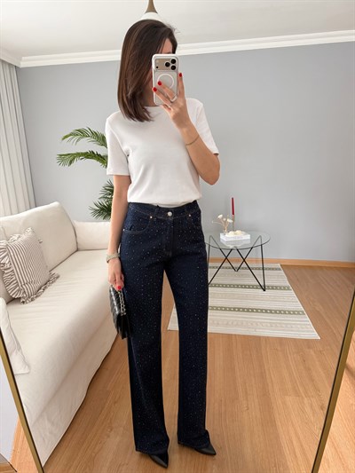 Stare Taşlı Lacivert Jean