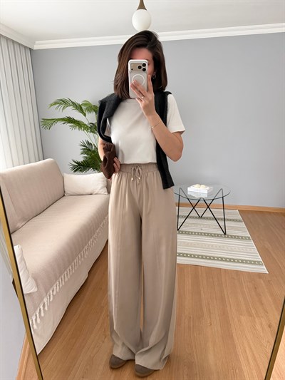 Tencel Beli Lastikli Bej Renk Pantolon 