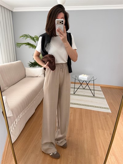 Tencel Beli Lastikli Bej Renk Pantolon 