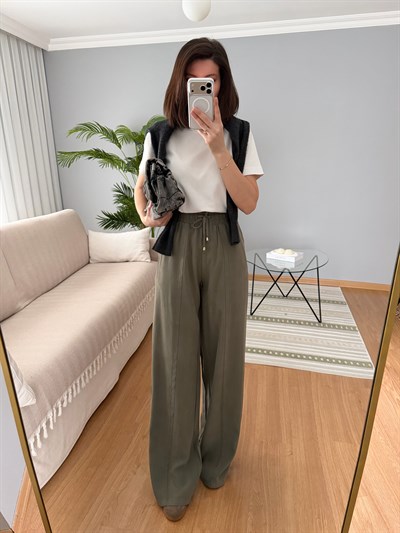 Tencel Beli Lastikli Haki Renk Pantolon 