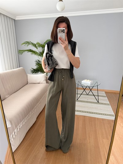 Tencel Beli Lastikli Haki Renk Pantolon 