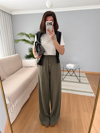 Tencel Beli Lastikli Haki Renk Pantolon 