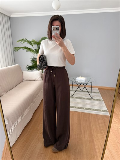 Tencel Beli Lastikli Kahve Rengi Pantolon 