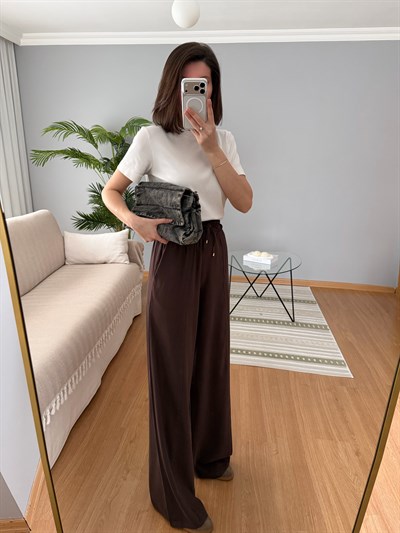 Tencel Beli Lastikli Kahve Rengi Pantolon 