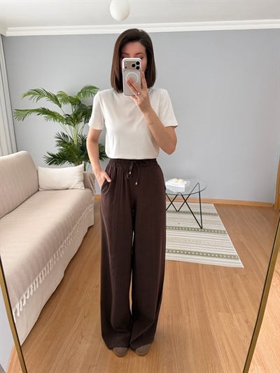 Tencel Beli Lastikli Kahve Rengi Pantolon 